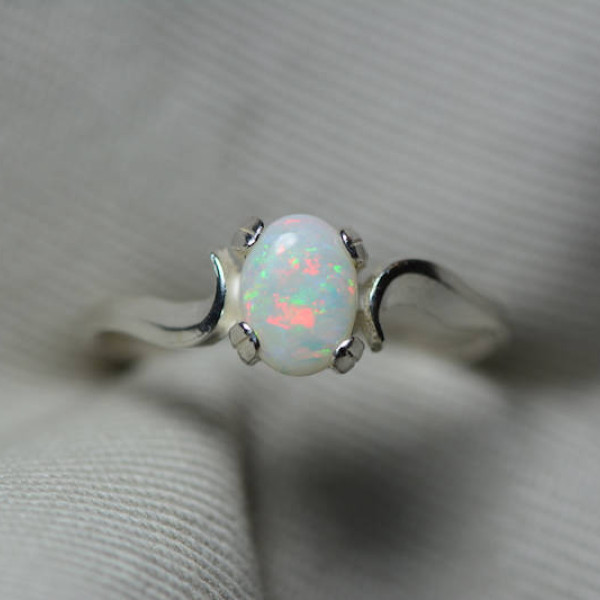 Australian Opal Ring, 0.56 Carat Natural Solid Cabochon Opal Solitaire, 7x5mm Oval, Australia, October Birthstone, Rainbow, Sterling Silver