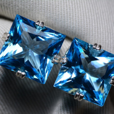Blue Topaz Earrings, Princess Cut Topaz Earrings, 32.00 Carats Certified At 1,925.00, Sterling Silver, Swiss Blue, Genuine Topaz Jewelry