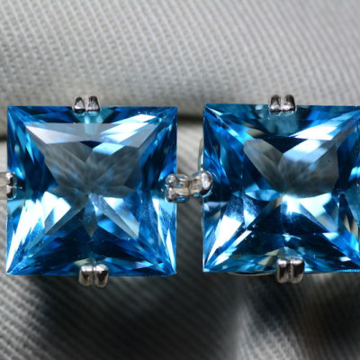Blue Topaz Earrings, Princess Cut Topaz Earrings, 32.00 Carats Certified At 1,925.00, Sterling Silver, Swiss Blue, Genuine Topaz Jewelry
