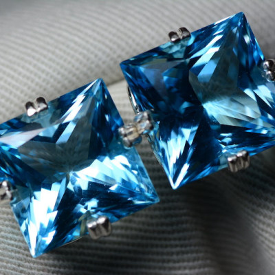 Blue Topaz Earrings, Princess Cut Topaz Earrings, 33.09 Carats Certified At 1,975.00, Sterling Silver, Swiss Blue, Genuine Topaz Jewelry
