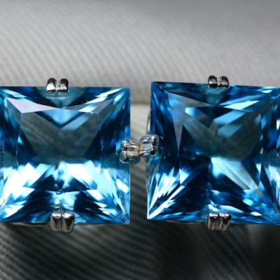 Blue Topaz Earrings, Princess Cut Topaz Earrings, 33.09 Carats Certified At 1,975.00, Sterling Silver, Swiss Blue, Genuine Topaz Jewelry