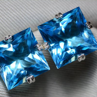 Blue Topaz Earrings, Princess Cut Topaz Earrings, 33.27 Carats Certified At 2,000.00, Sterling Silver, Swiss Blue, Genuine Topaz Jewellery