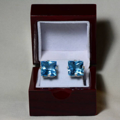 Blue Topaz Earrings, Princess Cut Topaz Earrings, 33.27 Carats Certified At 2,000.00, Sterling Silver, Swiss Blue, Genuine Topaz Jewellery