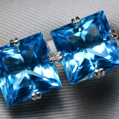 Blue Topaz Earrings, Princess Cut Topaz Earrings, 33.57 Carats Certified At 2,025.00, Sterling Silver, Swiss Blue, Genuine Topaz Jewellery