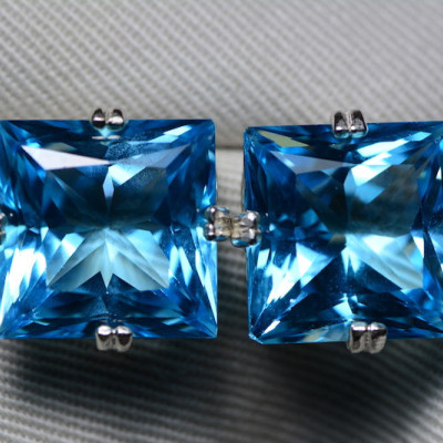 Blue Topaz Earrings, Princess Cut Topaz Earrings, 33.57 Carats Certified At 2,025.00, Sterling Silver, Swiss Blue, Genuine Topaz Jewellery