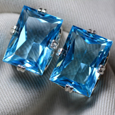 Blue Topaz Earrings, Topaz Stud Earrings, 38.96 Carats Certified At 2,350.00, Sterling Silver, Swiss Blue, December Birthstone, Real Topaz