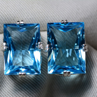 Blue Topaz Earrings, Topaz Stud Earrings, 38.96 Carats Certified At 2,350.00, Sterling Silver, Swiss Blue, December Birthstone, Real Topaz