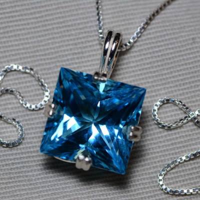 Blue Topaz Necklace, Princess Cut 16.02 Carat Swiss Blue Topaz Pendant Appraised At 950.00 On 18" Sterling Silver Chain, December Birthstone