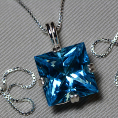 Blue Topaz Necklace, Princess Cut 16.02 Carat Swiss Blue Topaz Pendant Appraised At 950.00 On 18" Sterling Silver Chain, December Birthstone