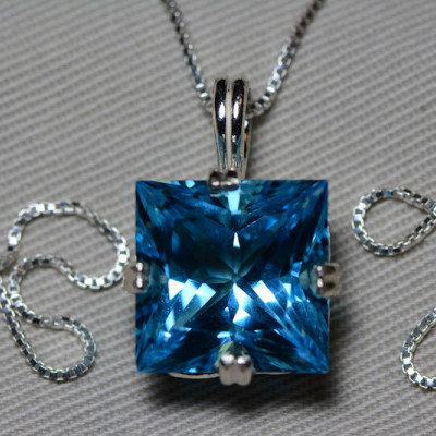 Blue Topaz Necklace, Princess Cut 16.02 Carat Swiss Blue Topaz Pendant Appraised At 950.00 On 18" Sterling Silver Chain, December Birthstone