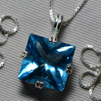 Blue Topaz Necklace, Princess Cut Topaz Pendant, 14.38 Carat Certified At 850.00 Sterling Silver, Swiss Blue, Natural Topaz Jewelry
