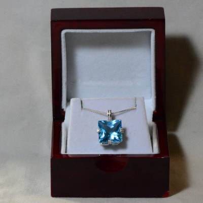 Blue Topaz Necklace, Princess Cut Topaz Pendant, 14.38 Carat Certified At 850.00 Sterling Silver, Swiss Blue, Natural Topaz Jewelry