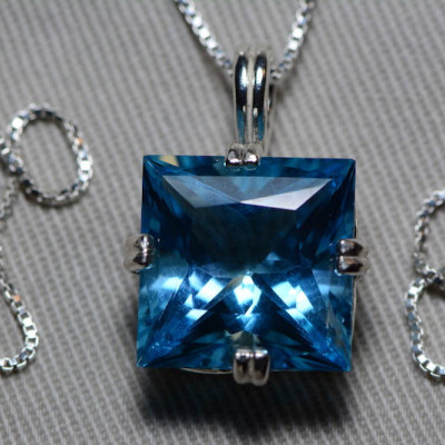 Blue Topaz Necklace, Princess Cut Topaz Pendant, 15.26 Carat Certified At 900.00 Sterling Silver, Swiss Blue, December Birthstone, Genuine