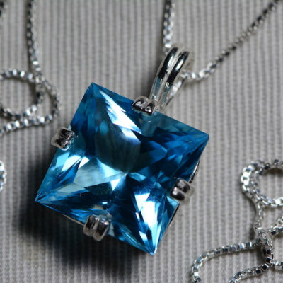 Blue Topaz Necklace, Princess Cut Topaz Pendant, 15.38 Carat Certified At 925.00 Sterling Silver, Swiss Blue, December Birthstone, Genuine