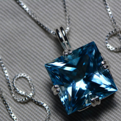 Blue Topaz Necklace, Princess Cut Topaz Pendant, 15.44 Carat Certified At 925.00 Sterling Silver, Swiss Blue, December Birthstone, Natural