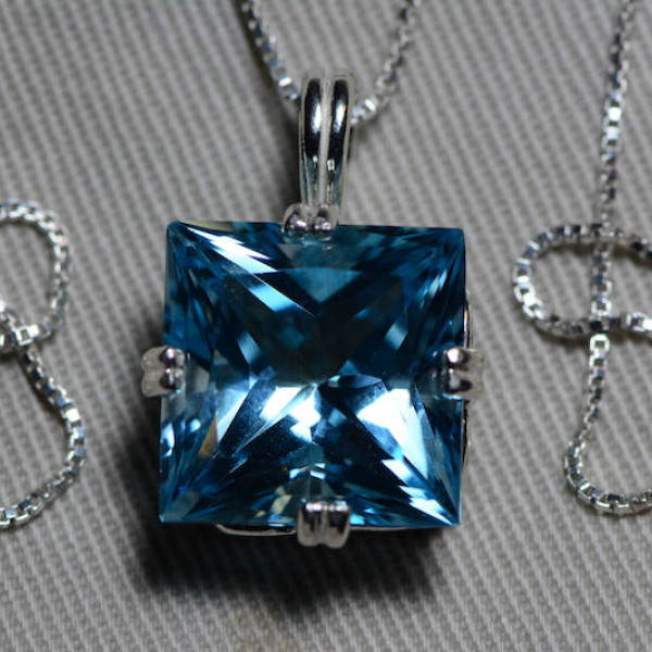 Blue Topaz Necklace, Princess Cut Topaz Pendant, 15.44 Carat Certified At 925.00 Sterling Silver, Swiss Blue, December Birthstone, Natural