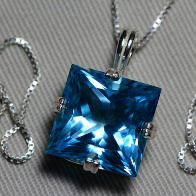 Blue Topaz Necklace, Princess Cut Topaz Pendant, 16.51 Carat Certified At 1,000.00 Sterling Silver, Swiss Blue, December Birthstone, Real