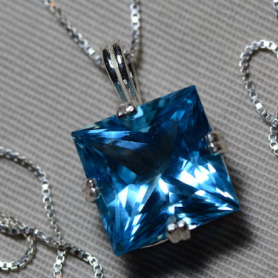 Blue Topaz Necklace, Princess Cut Topaz Pendant, 16.51 Carat Certified At 1,000.00 Sterling Silver, Swiss Blue, December Birthstone, Real