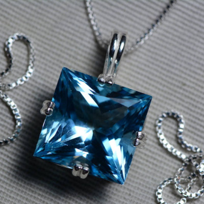 Blue Topaz Necklace, Princess Cut Topaz Pendant, 16.75 Carat Certified At 1,000.00 Sterling Silver, Swiss Blue, December Birthstone, Real