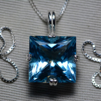 Blue Topaz Necklace, Princess Cut Topaz Pendant, 16.75 Carat Certified At 1,000.00 Sterling Silver, Swiss Blue, December Birthstone, Real