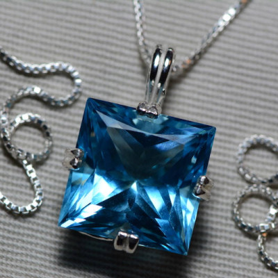 Blue Topaz Necklace, Princess Cut Topaz Pendant, 17.23 Carat Certified At 1,050.00 Sterling Silver, Swiss Blue, December Birthstone, Real