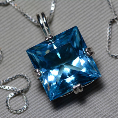 Blue Topaz Necklace, Princess Cut Topaz Pendant, 17.24 Carat Certified At 1,050.00 Sterling Silver, Swiss Blue, December Birthstone, Real