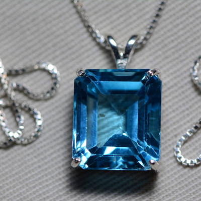Blue Topaz Necklace, Topaz Pendant, 12.95 Carat Certified At 775.00 Sterling Silver, Swiss Blue, December Birthstone, Emerald Cut, Genuine