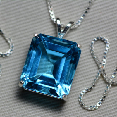 Blue Topaz Necklace, Topaz Pendant, 13.15 Carat Certified At 800.00 Sterling Silver, Swiss Blue, December Birthstone, Emerald Cut, Genuine