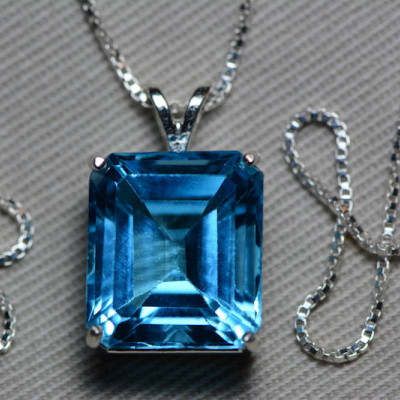 Blue Topaz Necklace, Topaz Pendant, 13.15 Carat Certified At 800.00 Sterling Silver, Swiss Blue, December Birthstone, Emerald Cut, Genuine