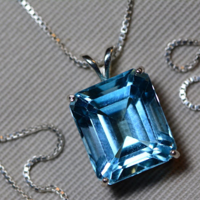 Blue Topaz Necklace, Topaz Pendant, 14.23 Carat Certified At 850.00 Sterling Silver, Swiss Blue, December Birthstone, Emerald Cut, Genuine