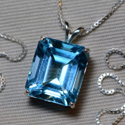 Blue Topaz Necklace, Topaz Pendant, 14.23 Carat Certified At 850.00 Sterling Silver, Swiss Blue, December Birthstone, Emerald Cut, Genuine