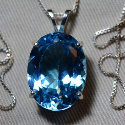 Blue Topaz Necklace, Topaz Pendant, 21.48 Carat Certified At 1,300.00 Sterling Silver, Swiss Blue, December Birthstone, Oval Cut Jewellery