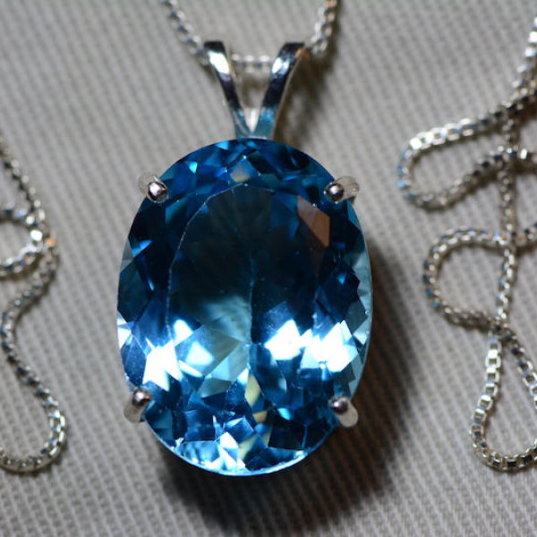 Blue Topaz Necklace, Topaz Pendant, 21.48 Carat Certified At 1,300.00 Sterling Silver, Swiss Blue, December Birthstone, Oval Cut Jewellery