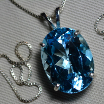 Blue Topaz Necklace, Topaz Pendant, 21.78 Carat Certified At 1,300.00 Sterling Silver, Swiss Blue, December Birthstone, Oval Cut Jewelry