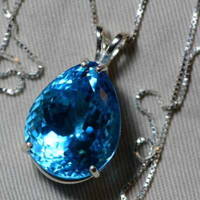 Blue Topaz Necklace, Topaz Pendant, 38.38 Carat Certified At 1,925.00 Sterling Silver, Swiss Blue, December Birthstone Real Topaz Jewelry