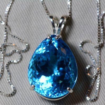 Blue Topaz Necklace, Topaz Pendant, 38.38 Carat Certified At 1,925.00 Sterling Silver, Swiss Blue, December Birthstone Real Topaz Jewelry