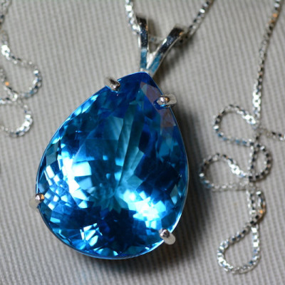 Blue Topaz Necklace, Topaz Pendant, 43.52 Carat Certified At 2,175.00 Sterling Silver, Swiss Blue, December Birthstone Real Topaz Jewelry