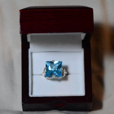 Blue Topaz Ring, Princess Cut Topaz Solitaire Ring, 15.12 Carat Certified At 900.00 Sterling Silver, Size 7, Swiss Blue, December Birthstone
