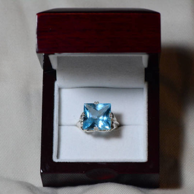 Blue Topaz Ring, Princess Cut Topaz Solitaire Ring, 15.21 Carat Certified At 925.00 Sterling Silver, Size 7, Swiss Blue, December Birthstone