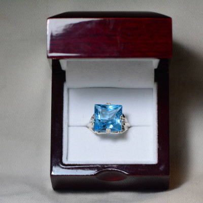 Blue Topaz Ring, Princess Cut Topaz Solitaire Ring, 15.80 Carat Certified At 950.00 Sterling Silver, Size 7, Swiss Blue, December Birthstone