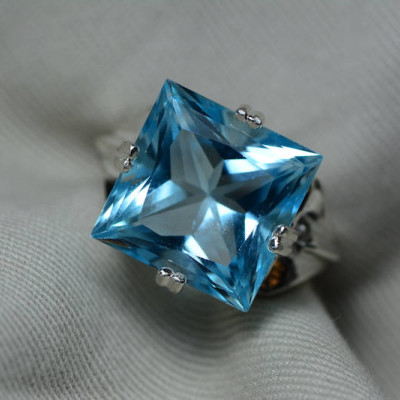 Blue Topaz Ring, Princess Cut Topaz Solitaire Ring, 16.35 Carat Certified At 975.00 Sterling Silver, Size 7, Swiss Blue, Topaz Jewelry