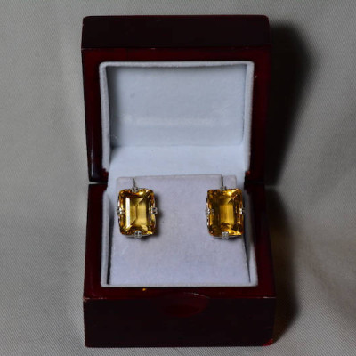 Citrine Earrings, Certified 27.80 Carat Citrine Stud Earrings Appraised 1,400.00 Sterling Silver, Real Statement Earrings, Emerald Cut
