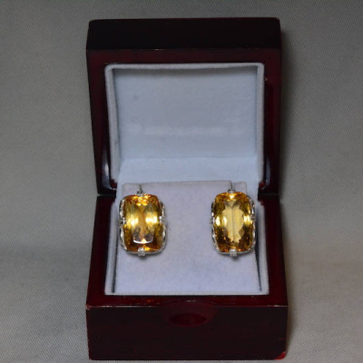 Citrine Earrings, Certified 41.69 Carat Citrine Stud Earrings Appraised 2,100.00 Sterling Silver, Real Statement Earrings, Emerald Cut