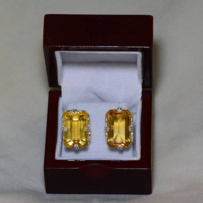 Citrine Earrings, Certified 43.89 Carat Citrine Stud Earrings Appraised 2,200.00 Sterling Silver, Real Statement Earrings, Emerald Cut
