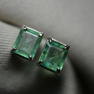Emerald Earrings, Light Green 2.59 Carat Genuine Emerald Stud Earrings Appraised at 1,800.00 Sterling Silver
