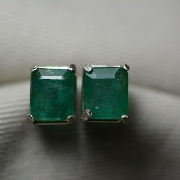 Emerald Earrings, Medium Green 3.15 Carat Genuine Emerald Stud Earrings Appraised at 2,500.00 Sterling Silver