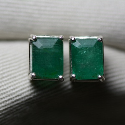 Emerald Earrings, Medium Green 4.21 Carat Emerald Stud Earrings Appraised at 3,300.00 Certified Sterling Silver