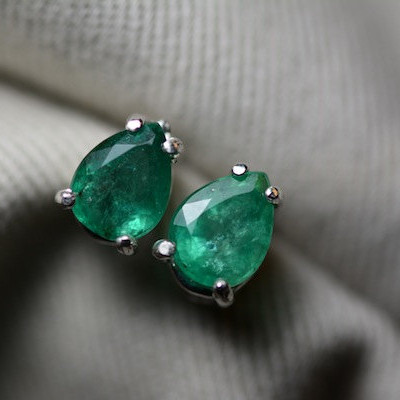 Emerald Earrings, Pear Cut 1.61 Carat Medium Green Emerald Stud Earrings Appraised at 1,350.00 Sterling Silver