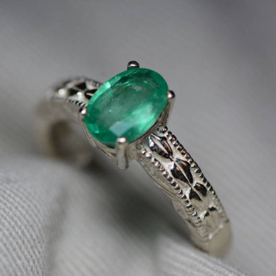 Emerald Ring, Real Emerald Solitaire Ring 0.88 Carats Appraised At 264.00, Sterling Silver Genuine Emerald Jewellery, Size 7, Oval Cut