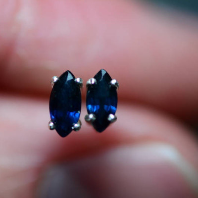 Marquise Cut 0.65 Carat Dark Blue Sapphire Solitaire Stud Earrings, Sterling Silver 6x3mm September Birthstone Jewelry